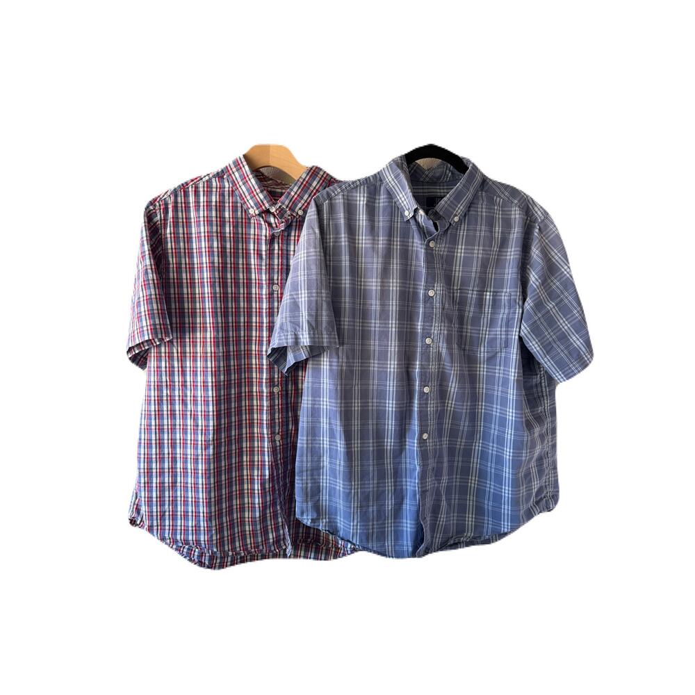 Lot 2 George Mens Short Sleeve Plaid Button Up Collared Shirt Red White Blue L